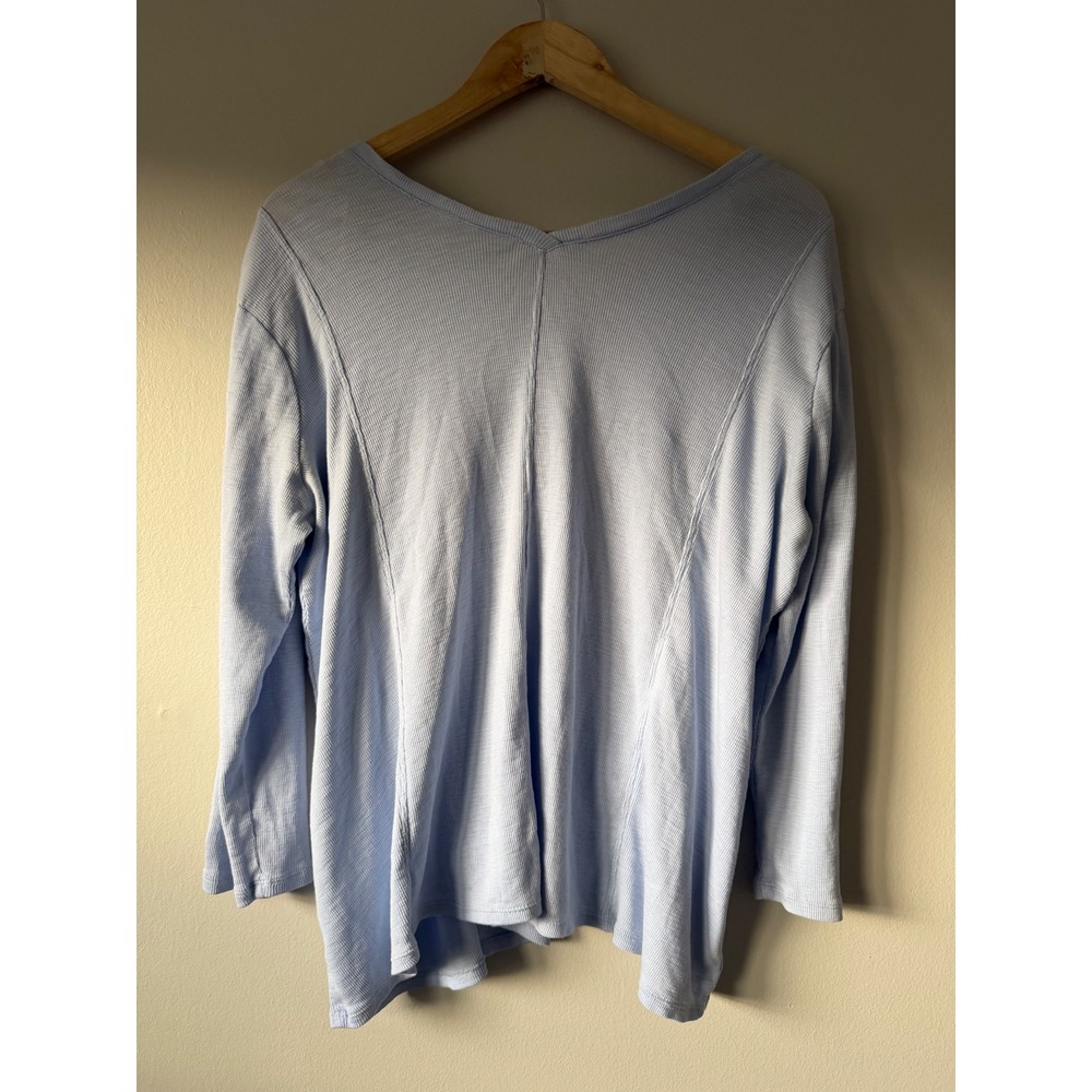 J.Jill Light Blue 100% Pima Cotton Ribbed V-Neck 3/4 Sleeve Seamed Top Large - Picture 6 of 7